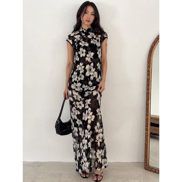 Vintage Dresses & Skirts - Vintage Y2K 90s Sheer Mesh Asian Floral Maxi Dress Vivienne Tam 8 Column